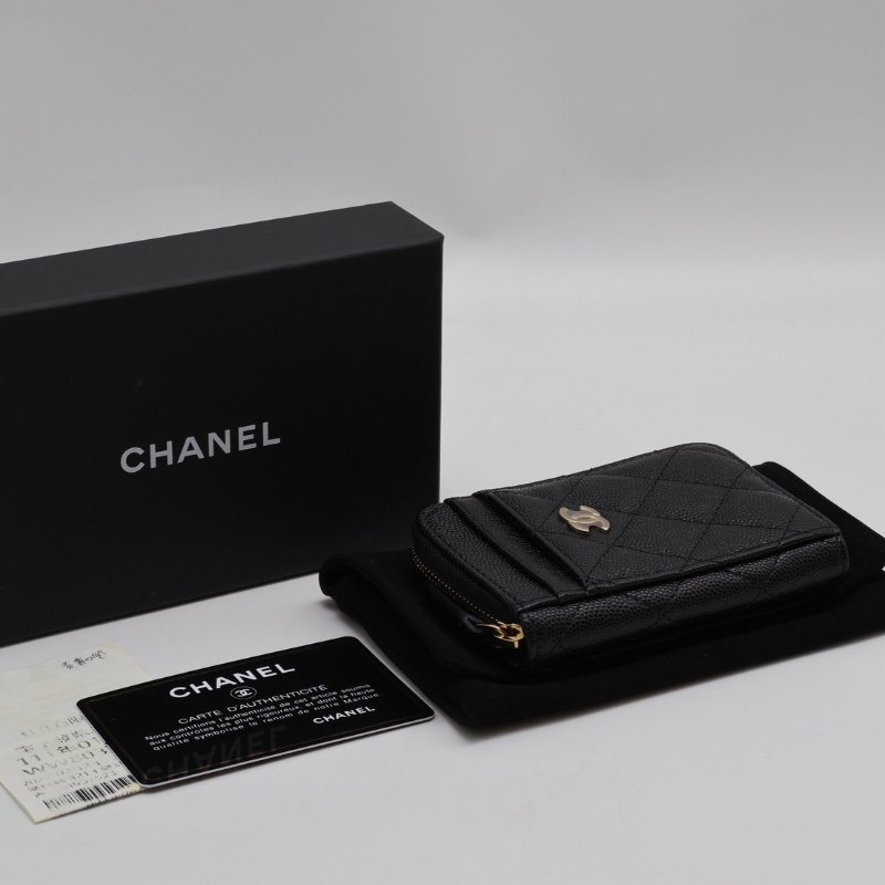 CHANEL 粒面牛皮拉鍊零錢卡包 - 黑金31開-5