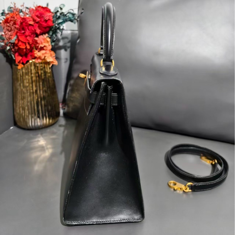 二手Hermes愛馬仕Kelly28黑金box皮,圓圈U刻,很難遇到這麼好品相,沒有開裂褶皺-3