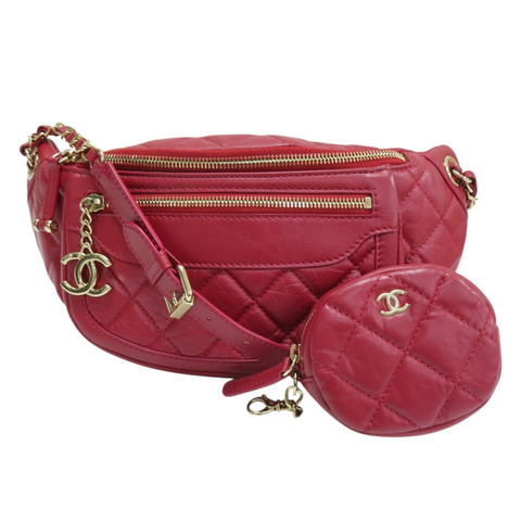 紅色 菱格紋 牛皮 腰包 無卡