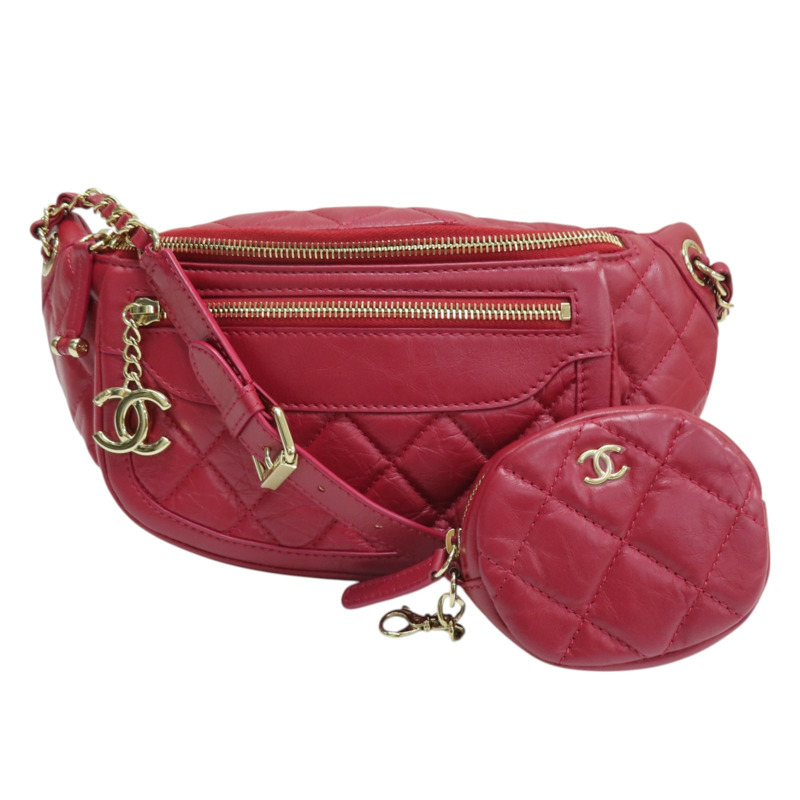 紅色 菱格紋 牛皮 腰包 無卡-0