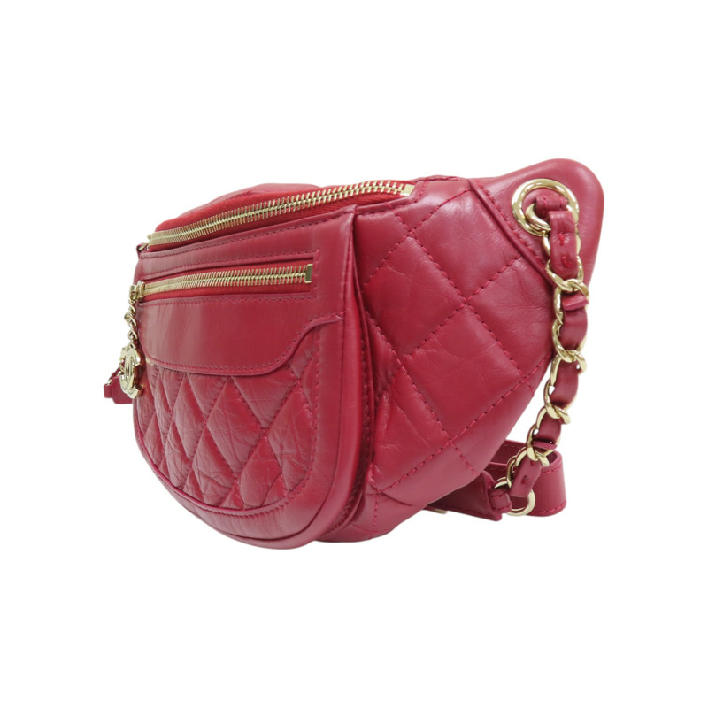 紅色 菱格紋 牛皮 腰包 無卡-2