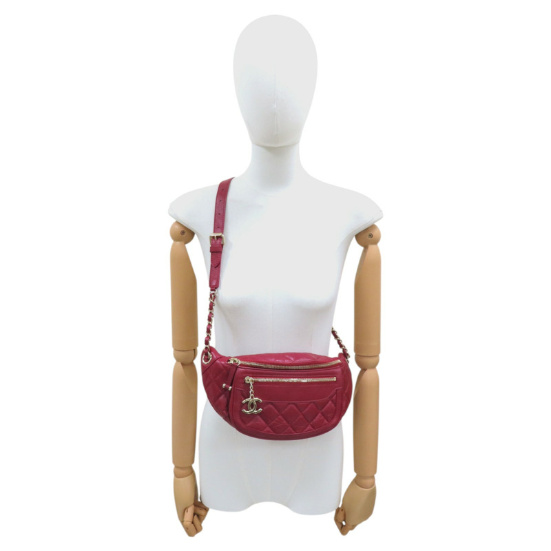 紅色 菱格紋 牛皮 腰包 無卡-12