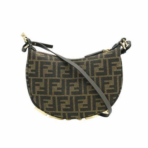 Fendi 展示品 Mini Graphy 復古金logo緹花布彎月二用包(8BS081-咖)