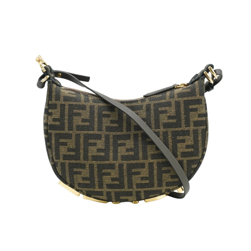 Fendi 展示品 Mini Graphy 復古金logo緹花布彎月二用包(8BS081-咖)-0