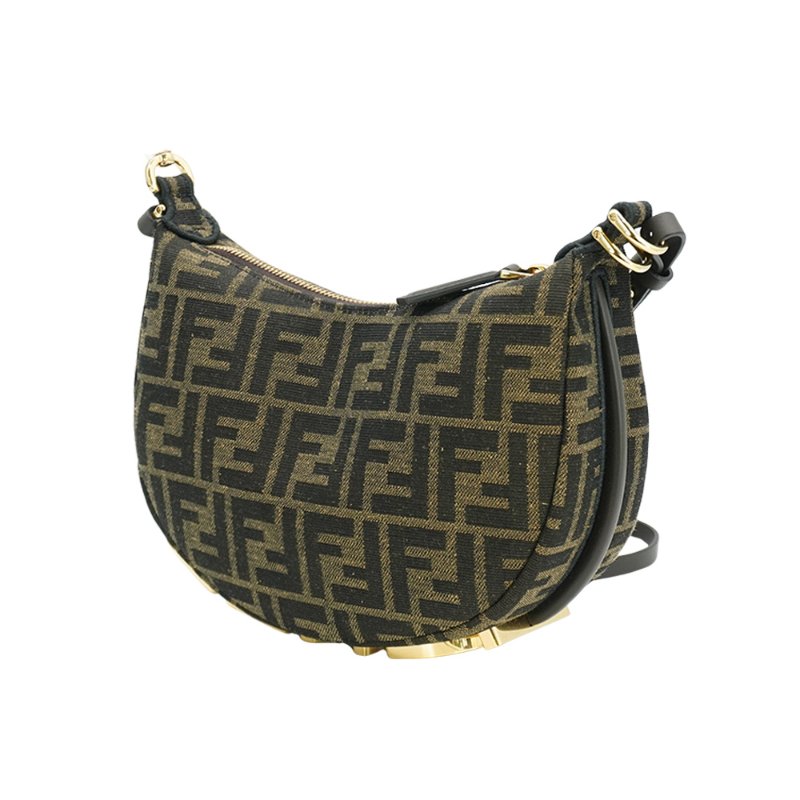 Fendi 展示品 Mini Graphy 復古金logo緹花布彎月二用包(8BS081-咖)-1