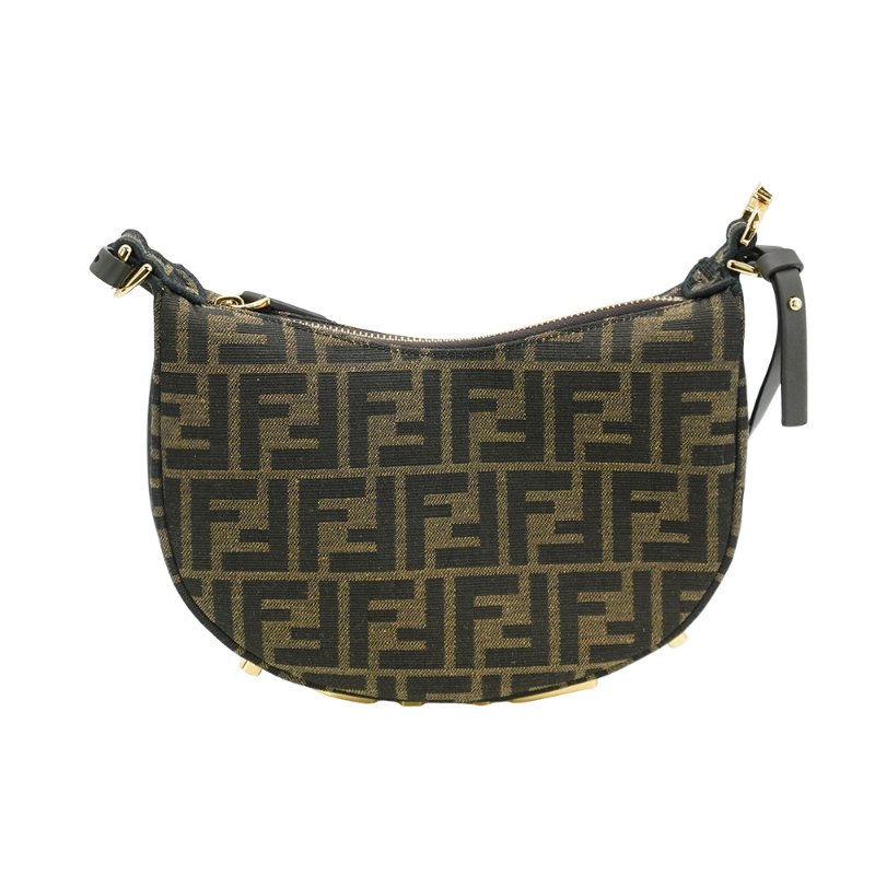 Fendi 展示品 Mini Graphy 復古金logo緹花布彎月二用包(8BS081-咖)-2