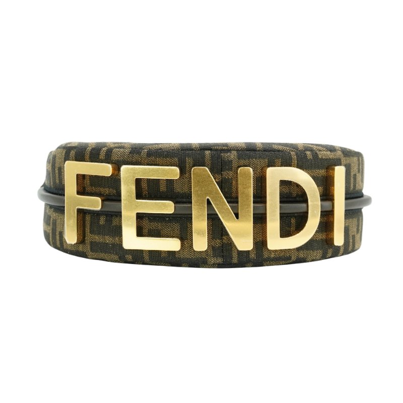 Fendi 展示品 Mini Graphy 復古金logo緹花布彎月二用包(8BS081-咖)-3