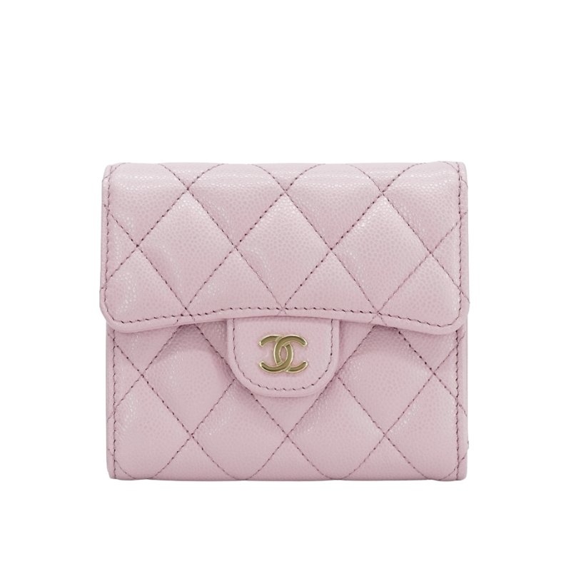 Chanel 粒紋牛皮淡金雙C釦式三折短夾(AP0231-粉)-0