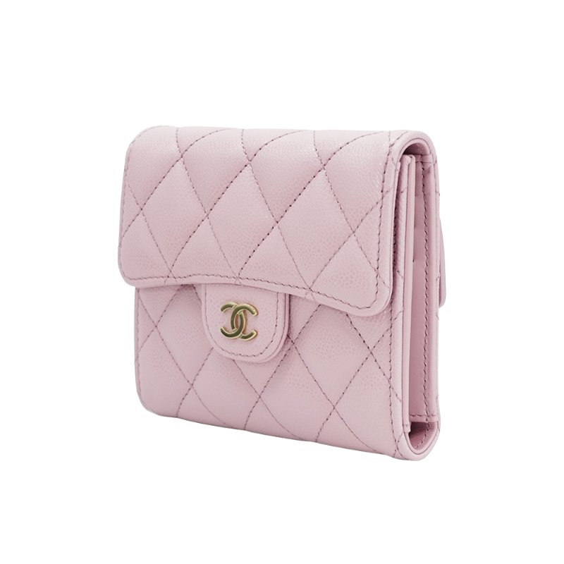 Chanel 粒紋牛皮淡金雙C釦式三折短夾(AP0231-粉)-1