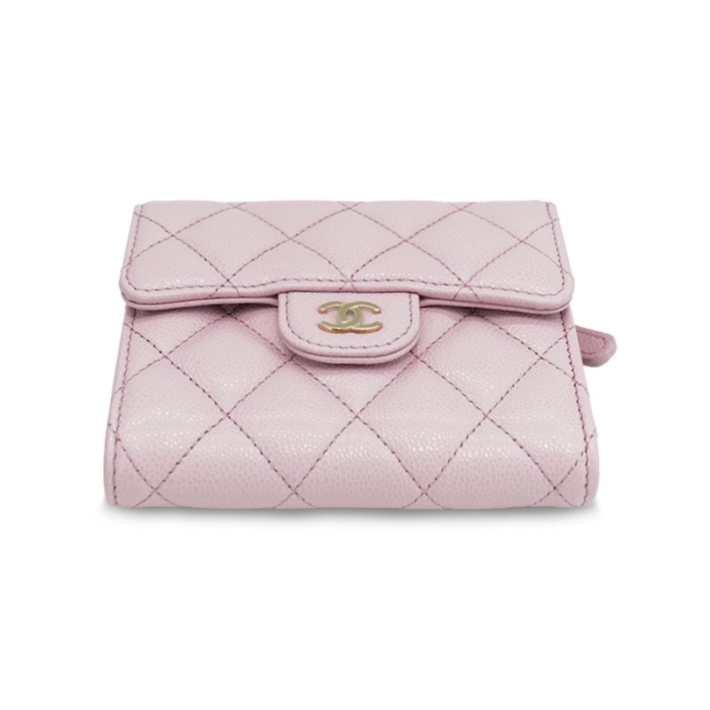 Chanel 粒紋牛皮淡金雙C釦式三折短夾(AP0231-粉)-3