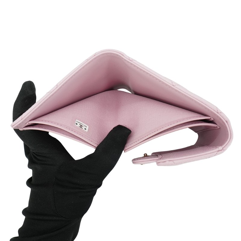 Chanel 粒紋牛皮淡金雙C釦式三折短夾(AP0231-粉)-5