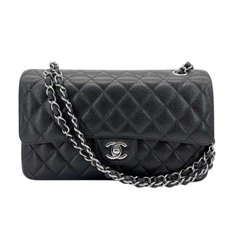 Chanel 展示品 經典雙C菱格牛皮銀鍊翻蓋coco斜背包-25cm(A01112-黑)-0