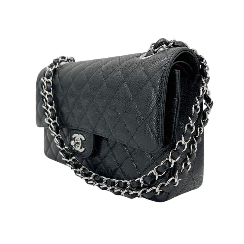 Chanel 展示品 經典雙C菱格牛皮銀鍊翻蓋coco斜背包-25cm(A01112-黑)-1