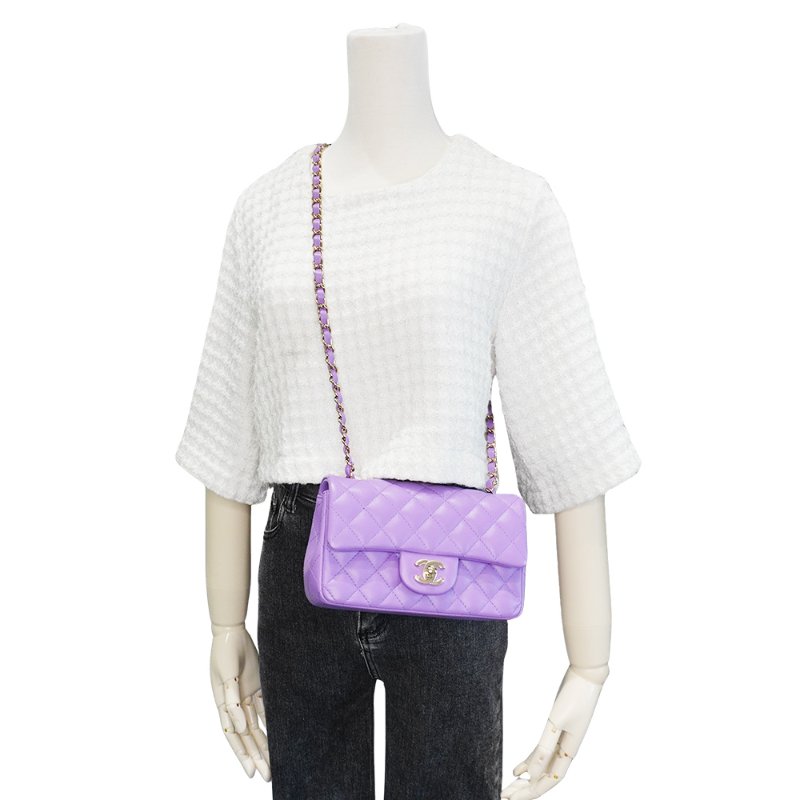 Chanel 展示品 Mini Flap 菱格羊皮淡金鍊斜背包-20cm(A69900-紫)-5