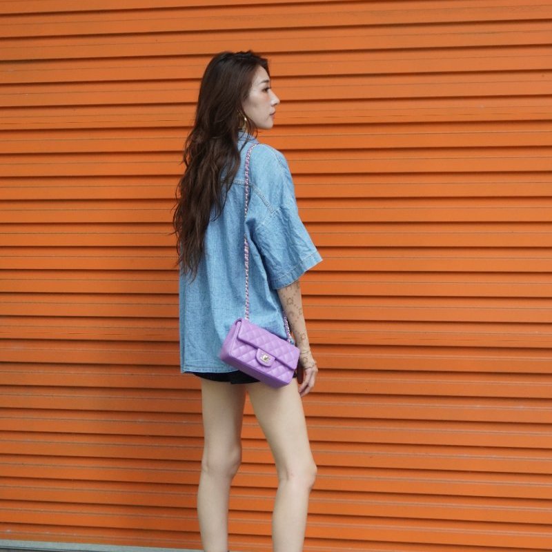 Chanel 展示品 Mini Flap 菱格羊皮淡金鍊斜背包-20cm(A69900-紫)-0