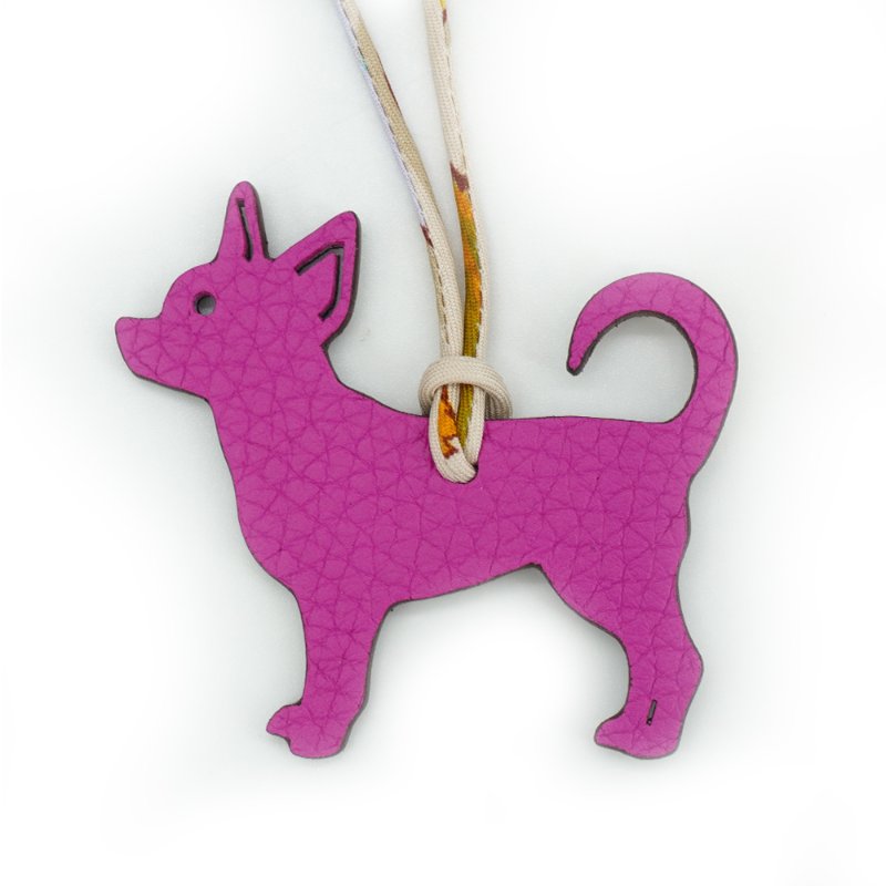 Hermes Petit H 吉娃娃造型絲質斜紋繩吊飾(桃紫/咖)-1