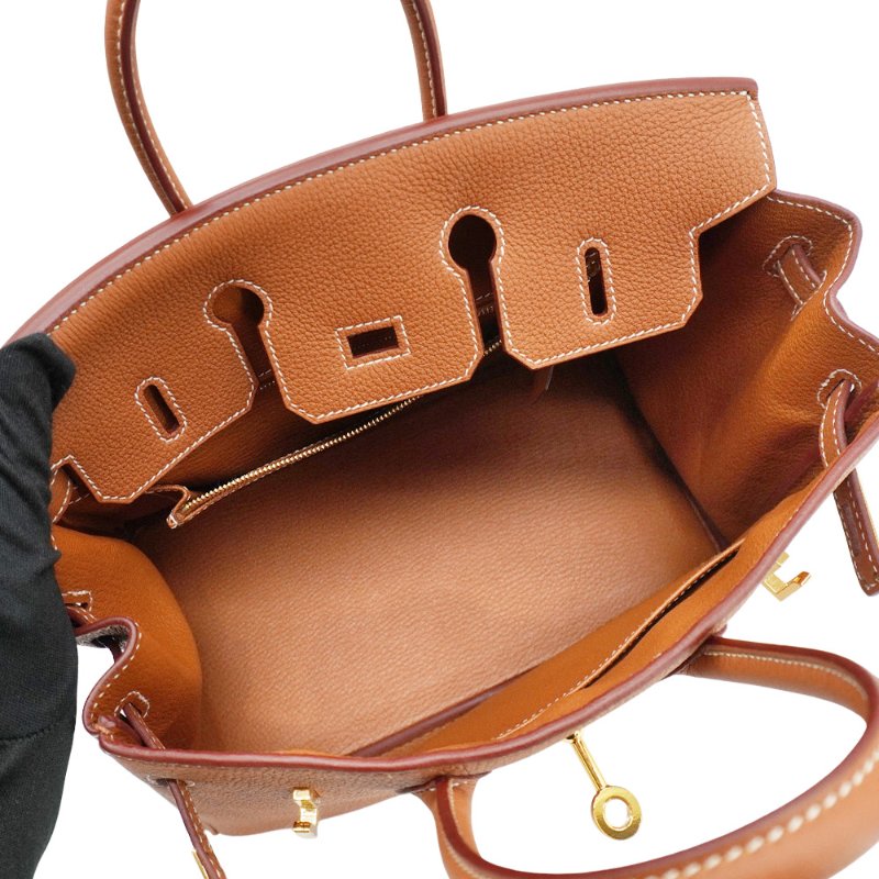 Hermes 展示品 Birkin 牛皮金釦手提柏金包-25cm(K刻/Gold棕)-4