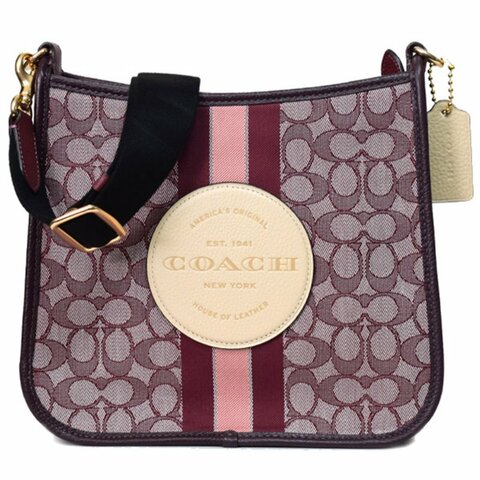 【COACH】圓標LOGO緹花拼皮革條紋斜背包-酒紅色