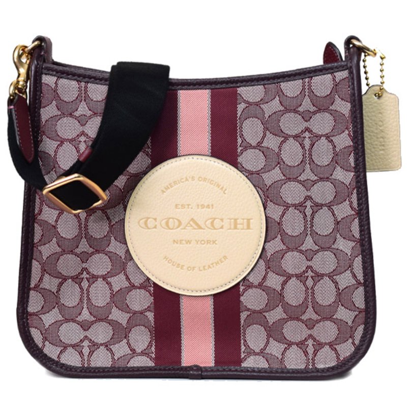 【COACH】圓標LOGO緹花拼皮革條紋斜背包-酒紅色-4