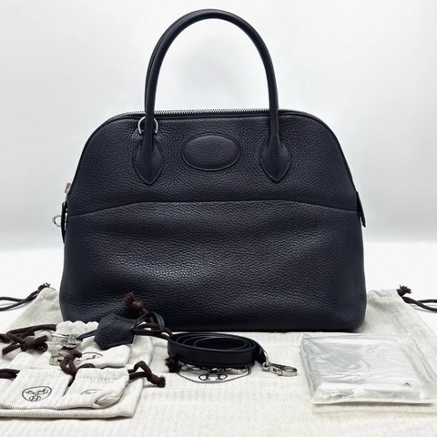 HERMES 黑色銀扣保齡球31手提肩背斜背包31*23*12 98新配件塵袋雨衣鎖鑰匙