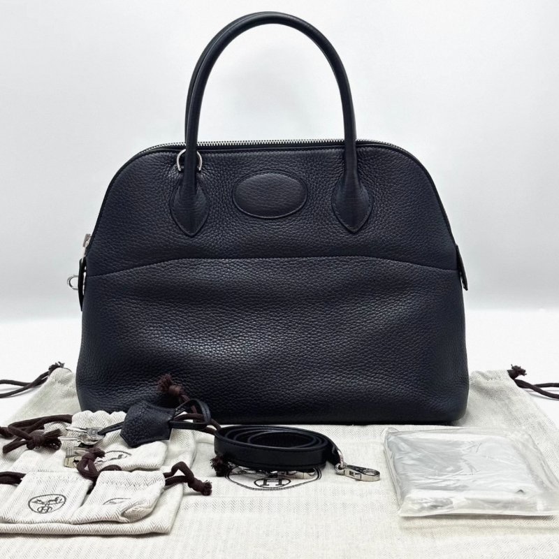 HERMES 黑色銀扣保齡球31手提肩背斜背包31*23*12 98新配件塵袋雨衣鎖鑰匙-0