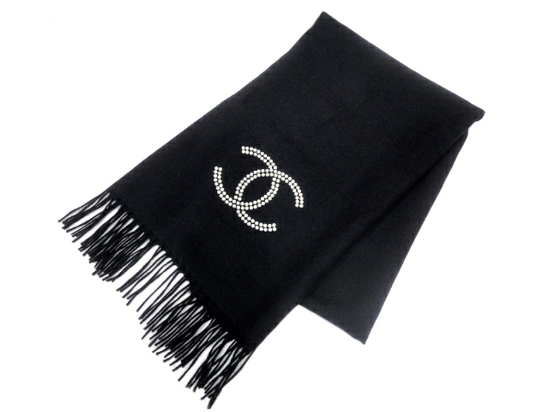 Chanel 珍珠Logo 羊絨黑色圍巾-2