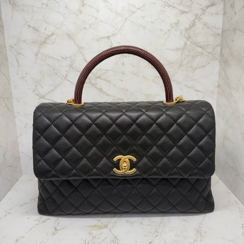 CHANEL黑金荔枝皮蜥蜴提把COCO HANDLE32CM/24