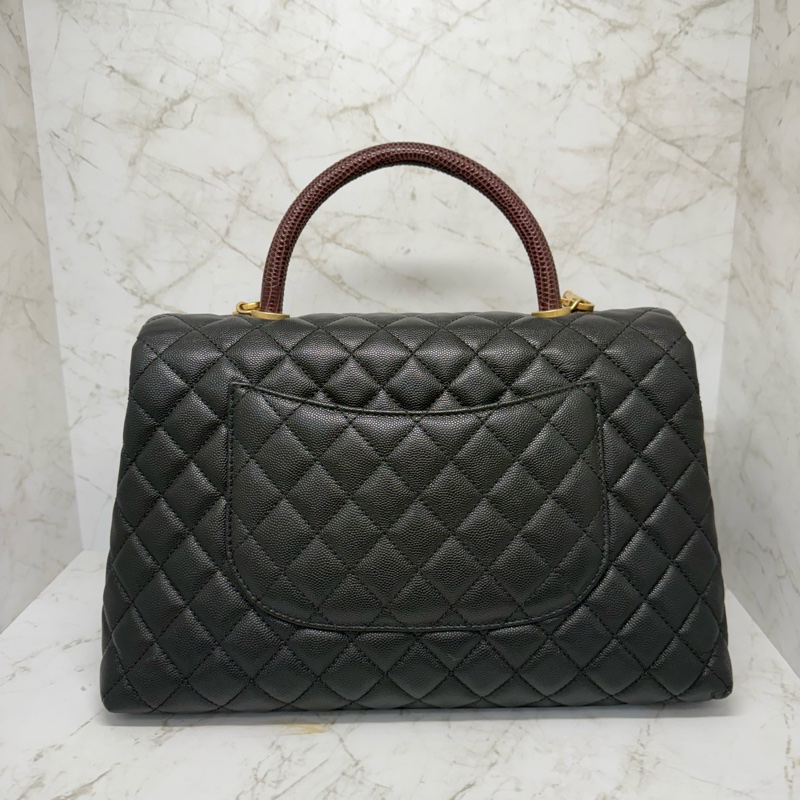 CHANEL黑金荔枝皮蜥蜴提把COCO HANDLE32CM/24-1