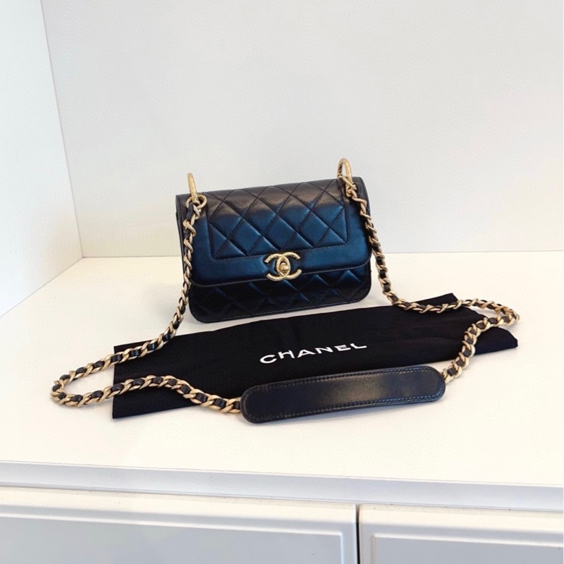 【98新🆕】Chanel 黑金雙金環CF戴妃包 牛皮方胖子鏈條口蓋包 小號 斜挎包 單肩包-0