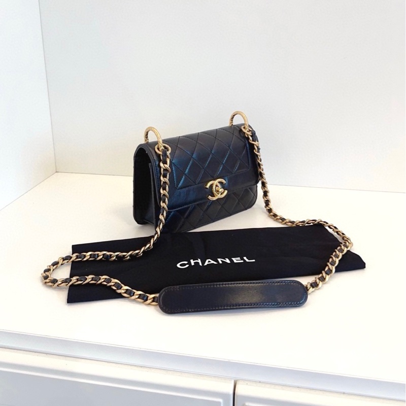 【98新🆕】Chanel 黑金雙金環CF戴妃包 牛皮方胖子鏈條口蓋包 小號 斜挎包 單肩包-1