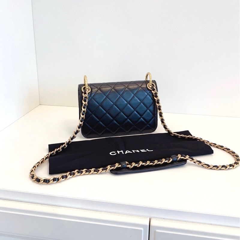 【98新🆕】Chanel 黑金雙金環CF戴妃包 牛皮方胖子鏈條口蓋包 小號 斜挎包 單肩包-2