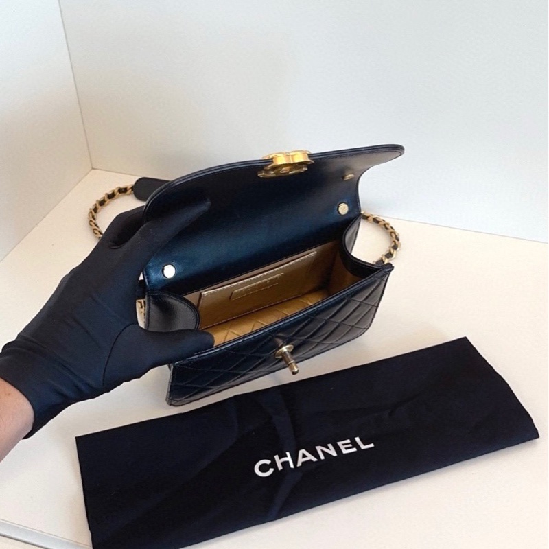 【98新🆕】Chanel 黑金雙金環CF戴妃包 牛皮方胖子鏈條口蓋包 小號 斜挎包 單肩包-6