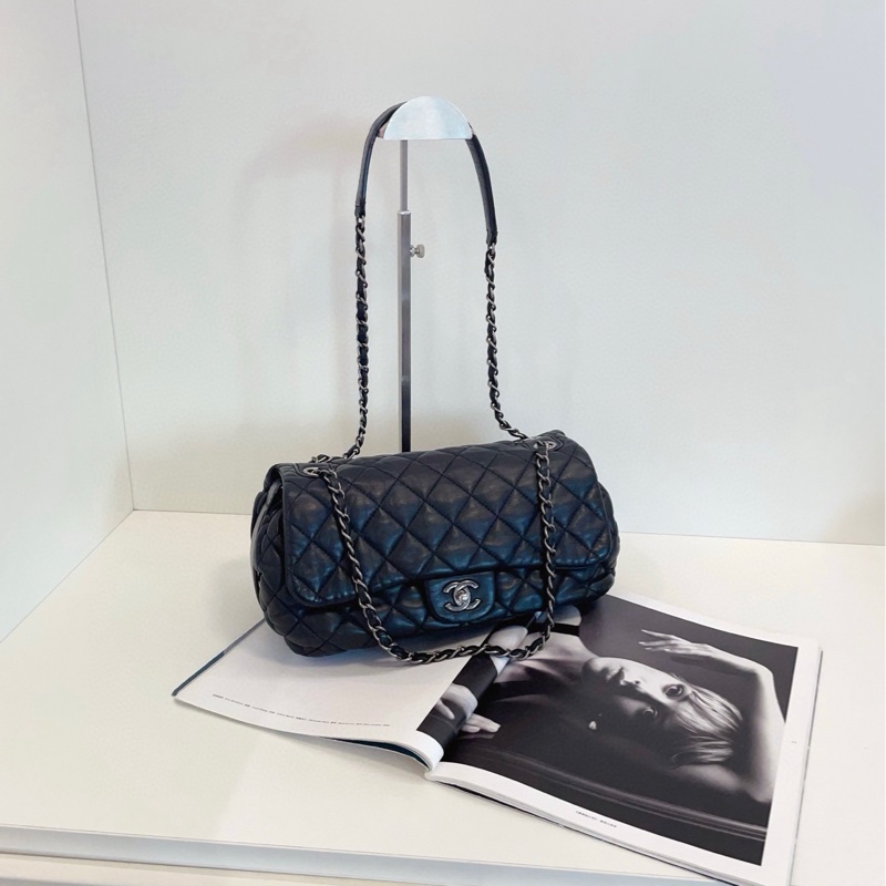 【98新🆕】Chanel黑銀泡芙法棍CF鏈條包 小機場系列手提包 單肩包-0