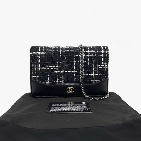 CHANEL 黑色毛呢拼皮woc肩背斜背包19*12*4 98新配件塵袋保卡