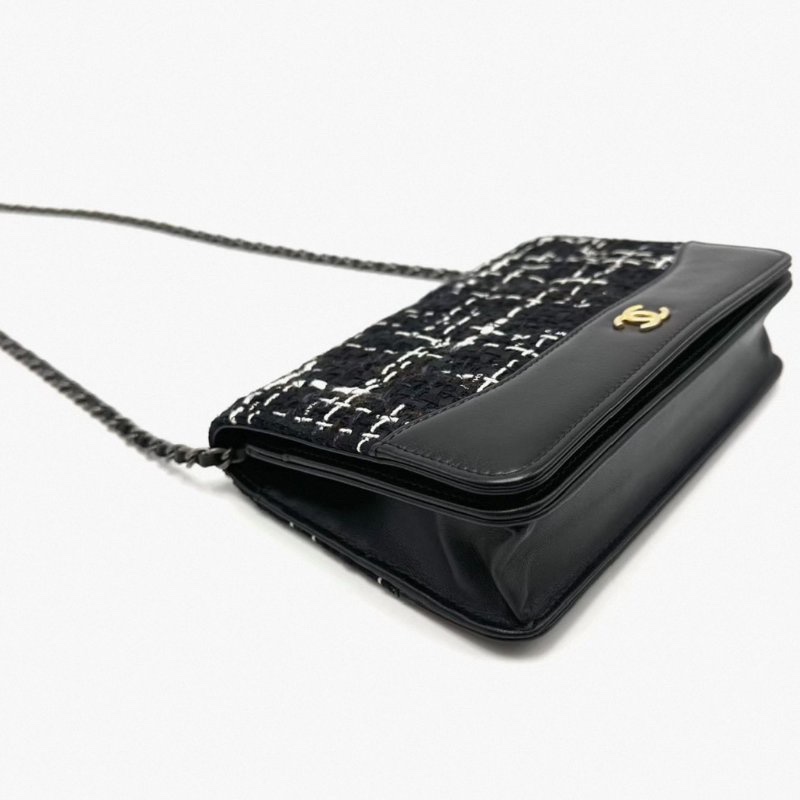 CHANEL 黑色毛呢拼皮woc肩背斜背包19*12*4 98新配件塵袋保卡-2