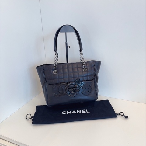【98新🆕】Chanel 黑銀冰格 山茶花5號 雙C logo Tote 托特包手提包