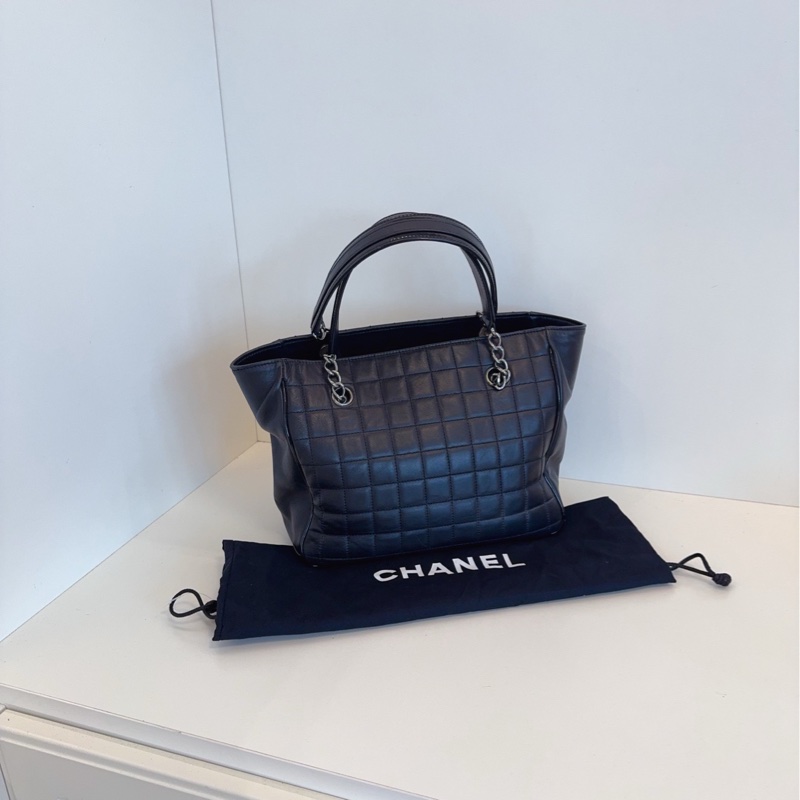 【98新🆕】Chanel 黑銀冰格 山茶花5號 雙C logo Tote 托特包手提包-3