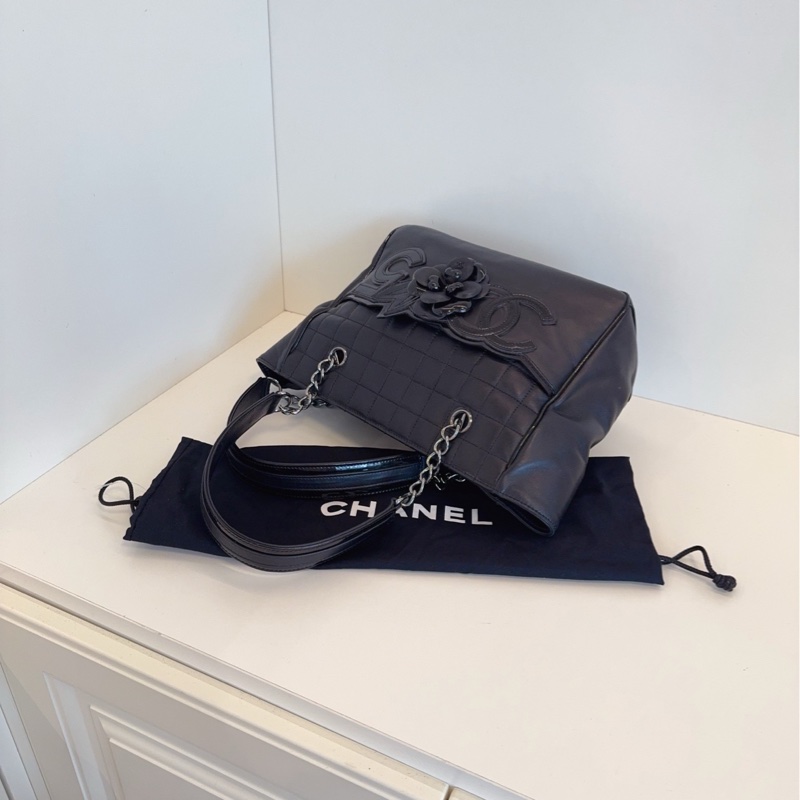 【98新🆕】Chanel 黑銀冰格 山茶花5號 雙C logo Tote 托特包手提包-5