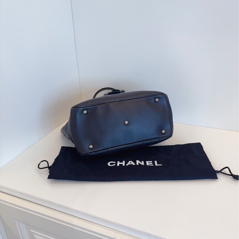 【98新🆕】Chanel 黑銀冰格 山茶花5號 雙C logo Tote 托特包手提包-6