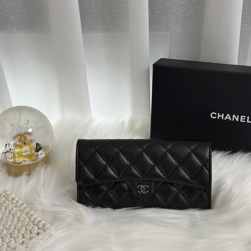 CHANEL 經典口蓋長夾 - 粒面牛皮黑銀-0