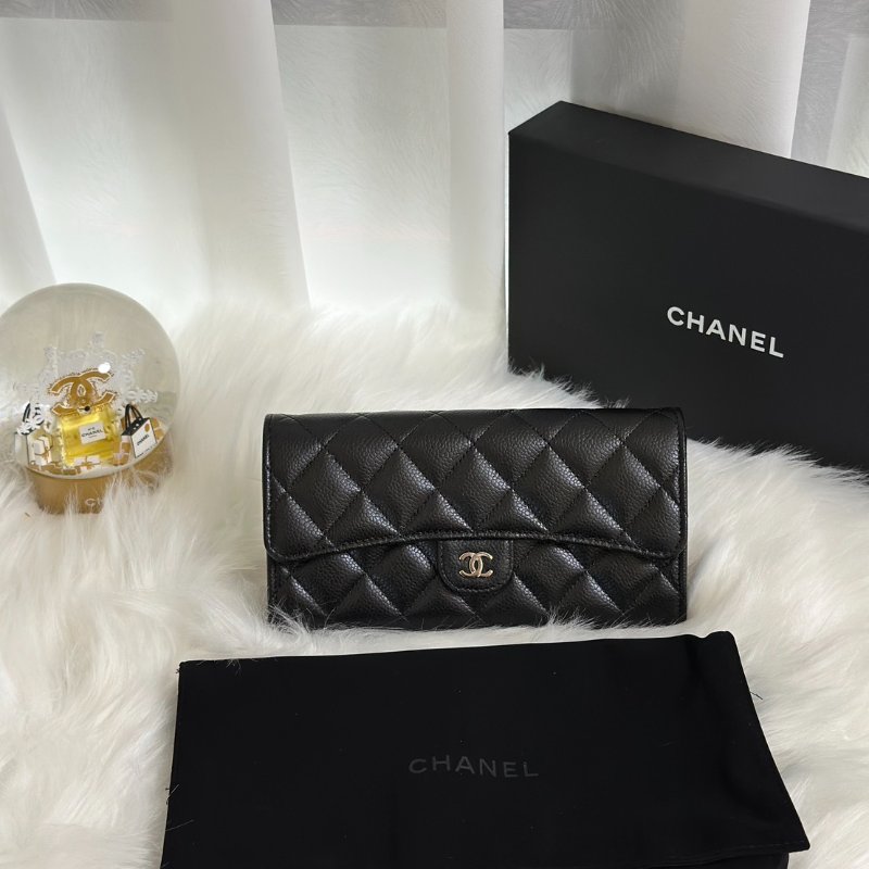 CHANEL 經典口蓋長夾 - 粒面牛皮黑銀-5