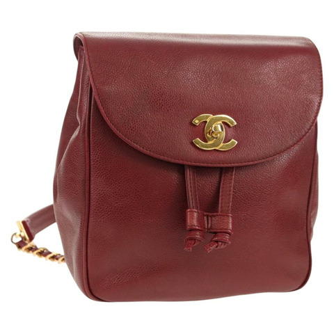 香奈兒魚子醬皮紅色金色雙C標誌背包 Auth bs30593V