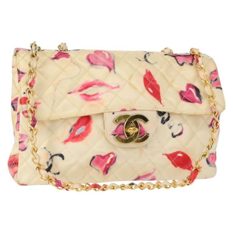 【日本直送】香奈兒 Matelasse 34 鏈條肩背包，乙烯基塗層，米色，金色雙C標誌，貨號 145579V-0