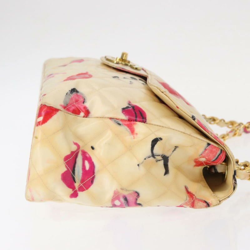 【日本直送】香奈兒 Matelasse 34 鏈條肩背包，乙烯基塗層，米色，金色雙C標誌，貨號 145579V-2