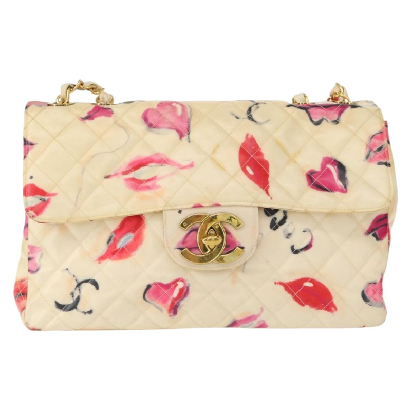 【日本直送】香奈兒 Matelasse 34 鏈條肩背包，乙烯基塗層，米色，金色雙C標誌，貨號 145579V-12