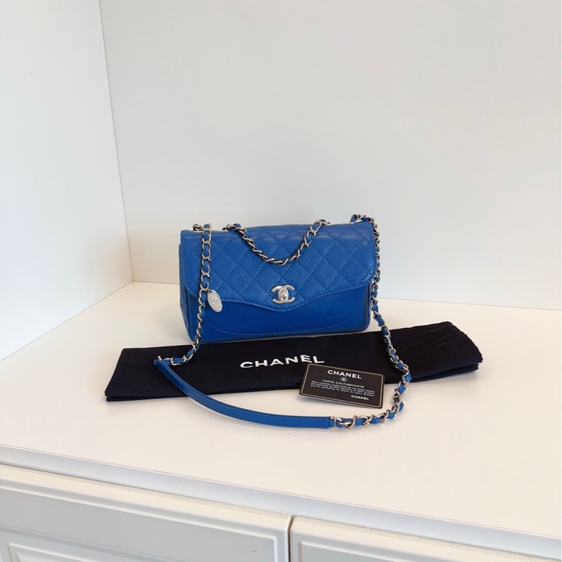 【99新🆕】Chanel 藍色金幣口蓋包 CF鏈條郵差包手提包 斜挎包 單肩包-0