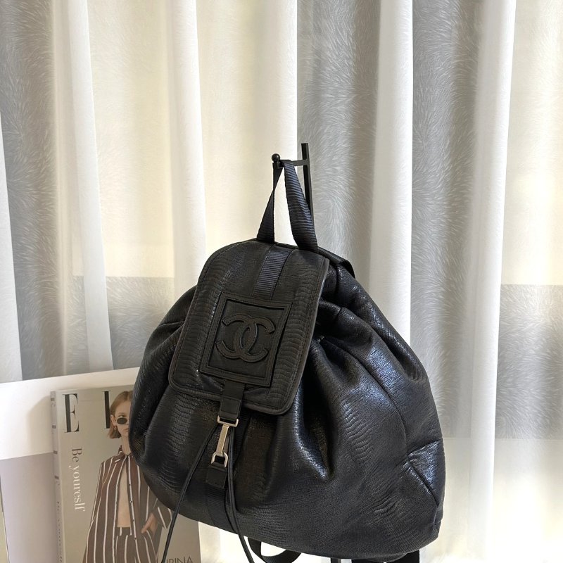 CHANEL 蜥蜴壓紋雙肩後背包 - 黑銀12開-3