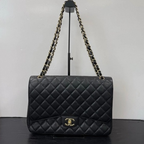 CHANEL maxi 黑金荔枝牛皮穿鏈肩背斜背包 30*22*9 98新配件塵袋