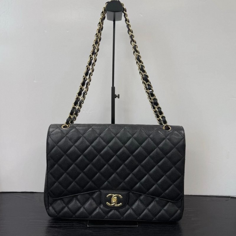 CHANEL maxi 黑金荔枝牛皮穿鏈肩背斜背包 30*22*9 98新配件塵袋-0