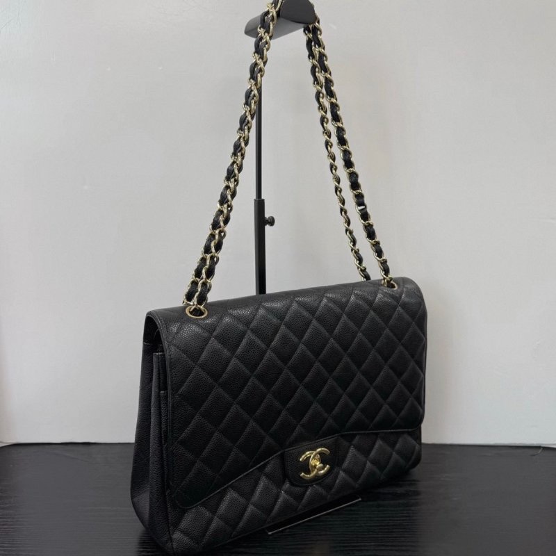 CHANEL maxi 黑金荔枝牛皮穿鏈肩背斜背包 30*22*9 98新配件塵袋-1